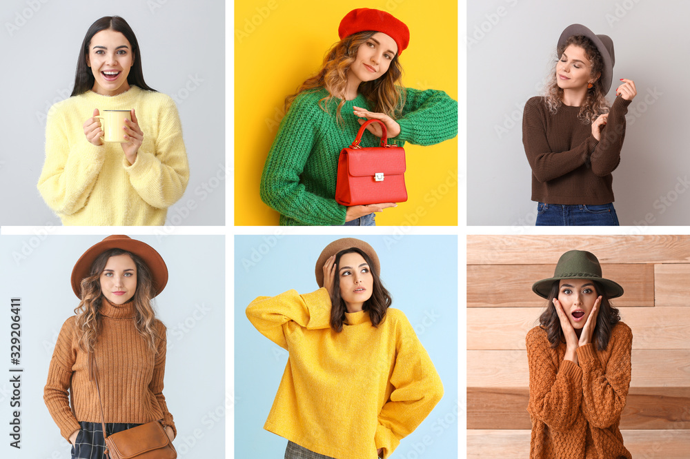 Collage of photos with beautiful young women in different warm sweaters