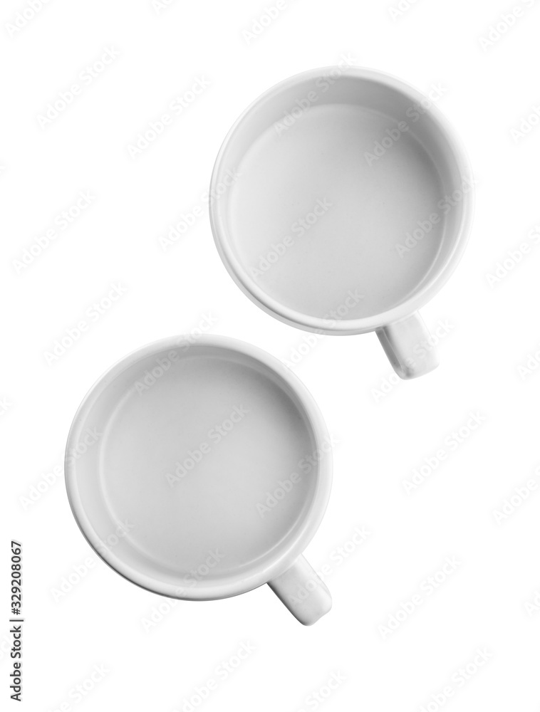 Empty cups on white background