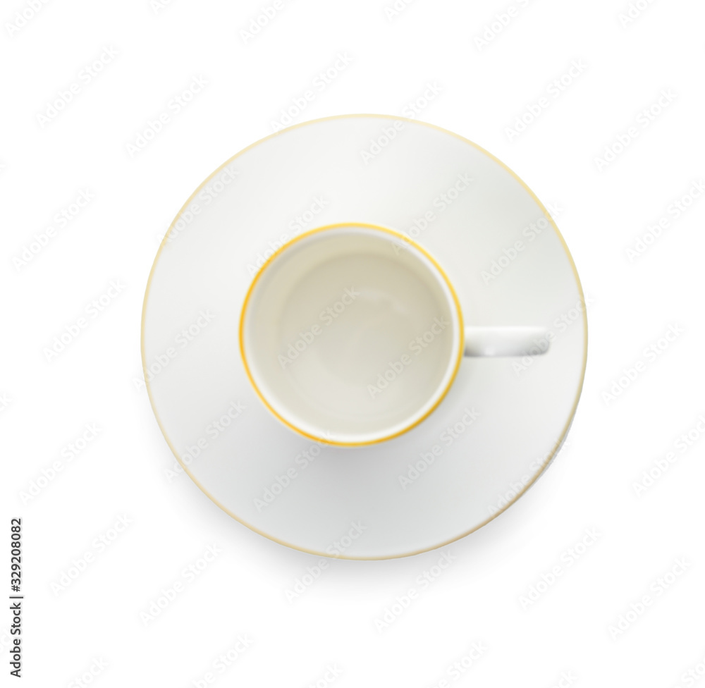 Empty cup with saucer on white background