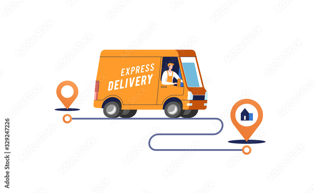 Express delivery truck with man is carrying parcels on points. Vector illustration.