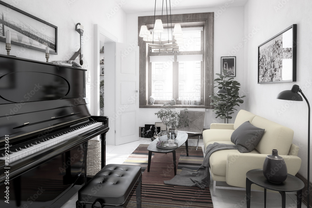 Modern Sitting Room Inside a Fresh Renovated Building - black and white 3d visualization