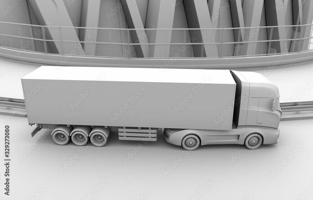 Clay rendering of generic design Electric Truck driving on the highway. 3D rendering image.