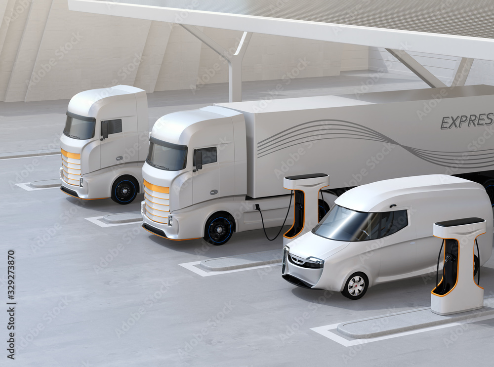 Generic design Heavy Electric Trucks charging at Public Charging Station with roof-mounted solar pan