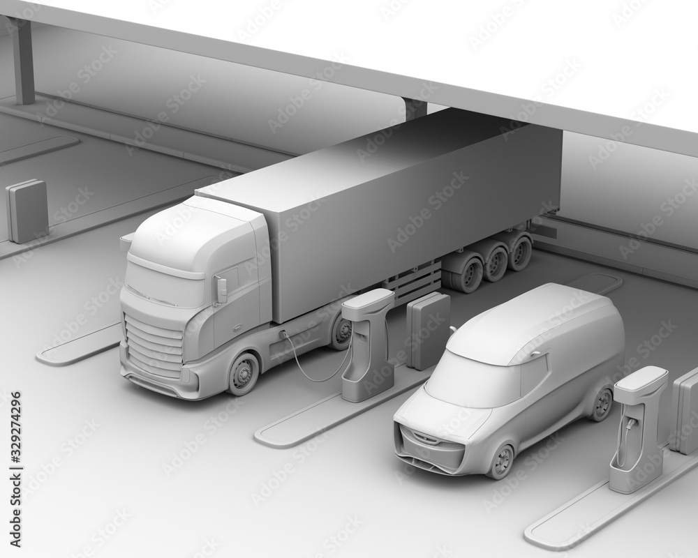重型电动卡车在公共充电站充电的粘土渲染图。3D渲染图。