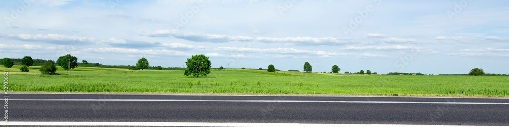 Long straight road through desert, empty street leading into horizon, two lanes asphalt route