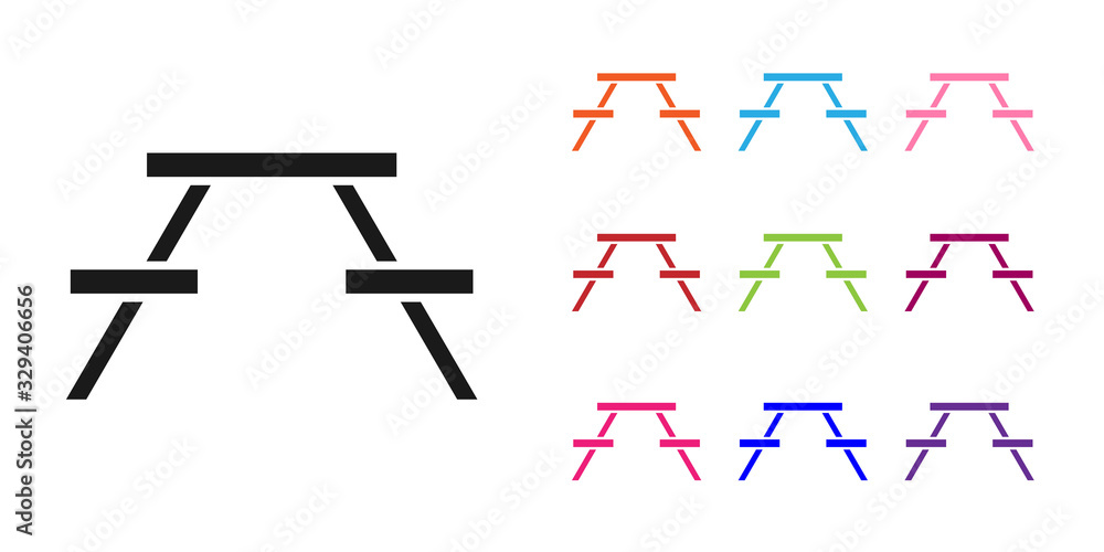 黑色野餐桌，桌子两侧有长椅，图标在白色背景上隔离。设置i