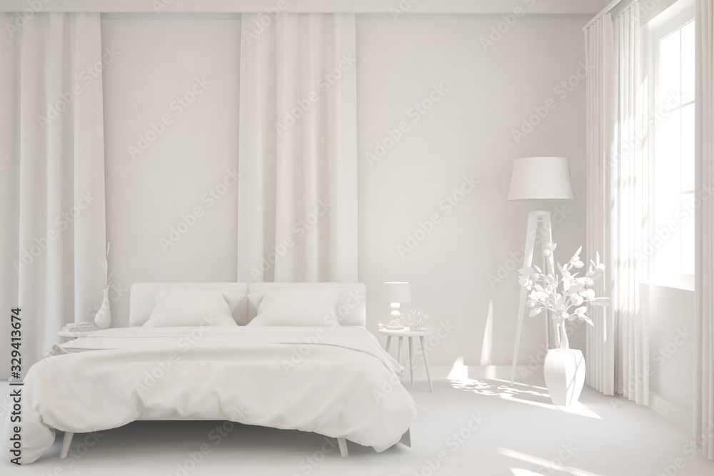 Modern bedroom in white color. Scandinavian interior design. 3D illustration