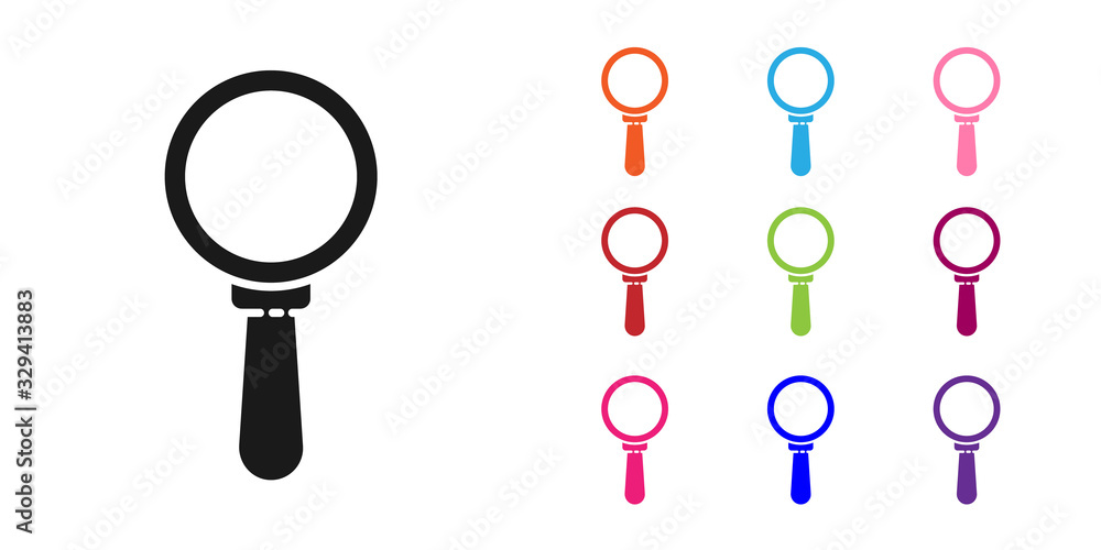 Black Magnifying glass icon isolated on white background. Search, focus, zoom, business symbol. Set 