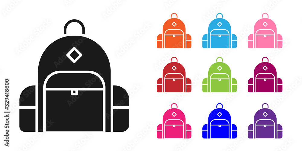 Black Hiking backpack icon isolated on white background. Camping and mountain exploring backpack. Se