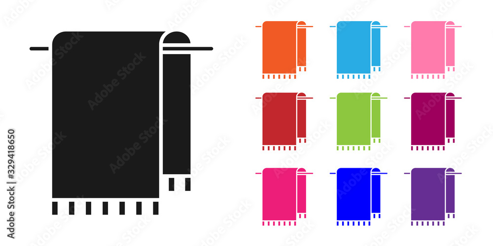 黑色毛巾挂在衣架上，图标隔离在白色背景上。浴室毛巾图标。设置彩色图标。