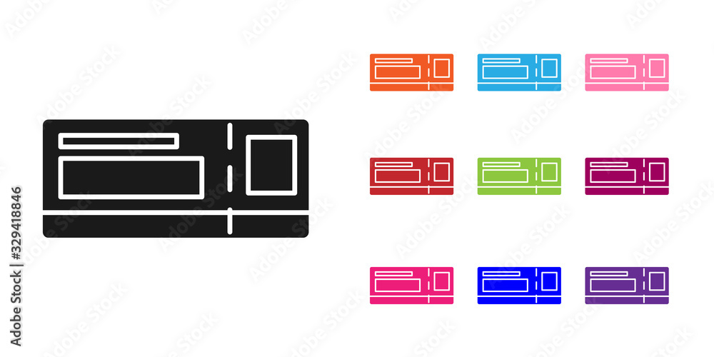 白色背景上隔离的黑色旅行票图标。火车、轮船、飞机、电车、公交。Trav