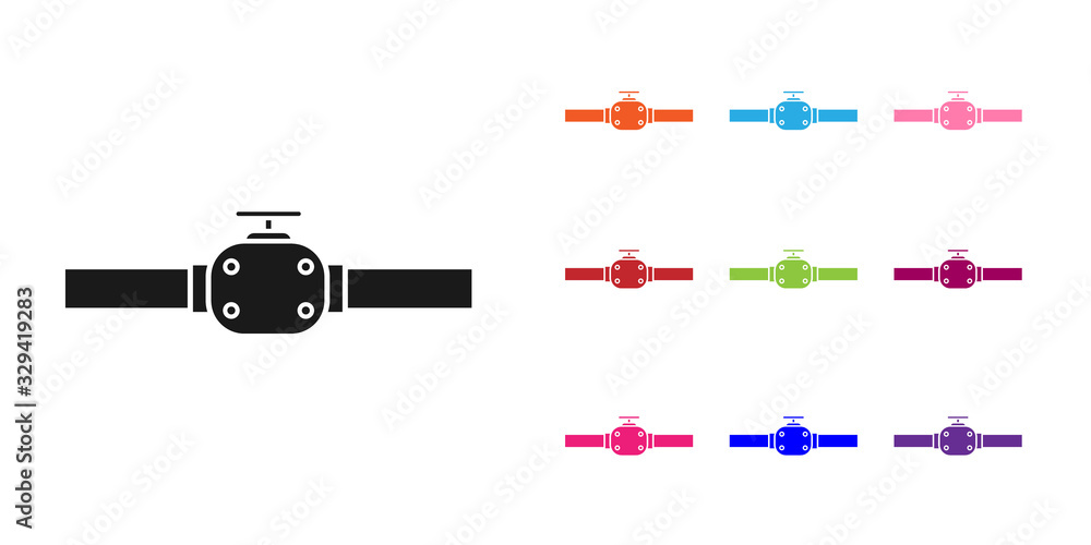 黑色工业金属管道和阀门图标隔离在白色背景上。设置彩色图标。Vecto