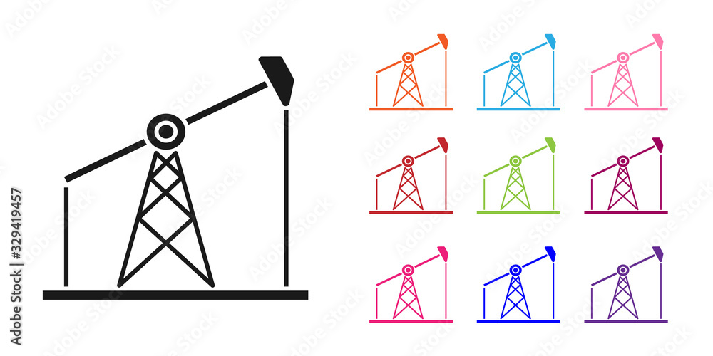 白色背景上隔离的黑色油泵或泵千斤顶图标。石油钻机。设置彩色图标。矢量I