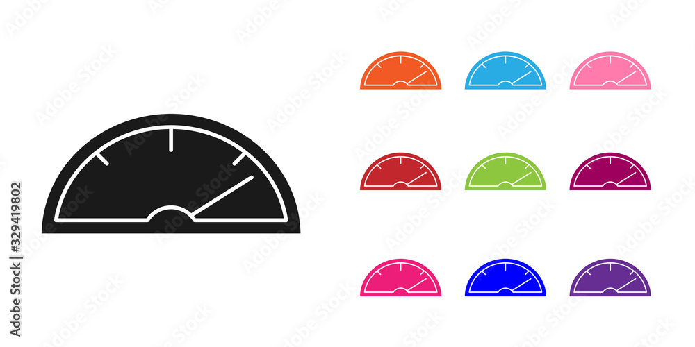 黑色车速表图标隔离在白色背景上。将图标设置为彩色。矢量图