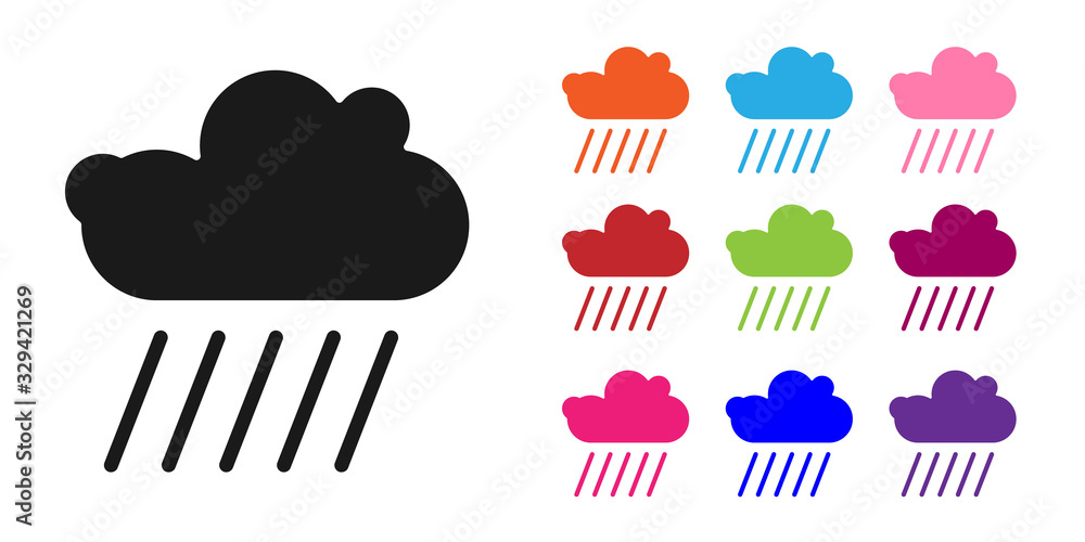 Black Cloud with rain icon isolated on white background. Rain cloud precipitation with rain drops. S