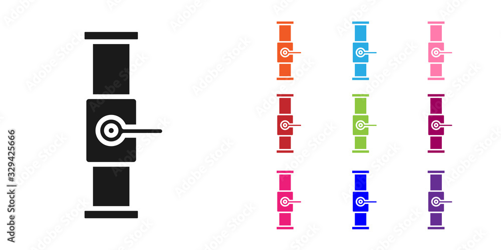 黑色工业金属管道和阀门图标隔离在白色背景上。将图标设置为彩色。矢量