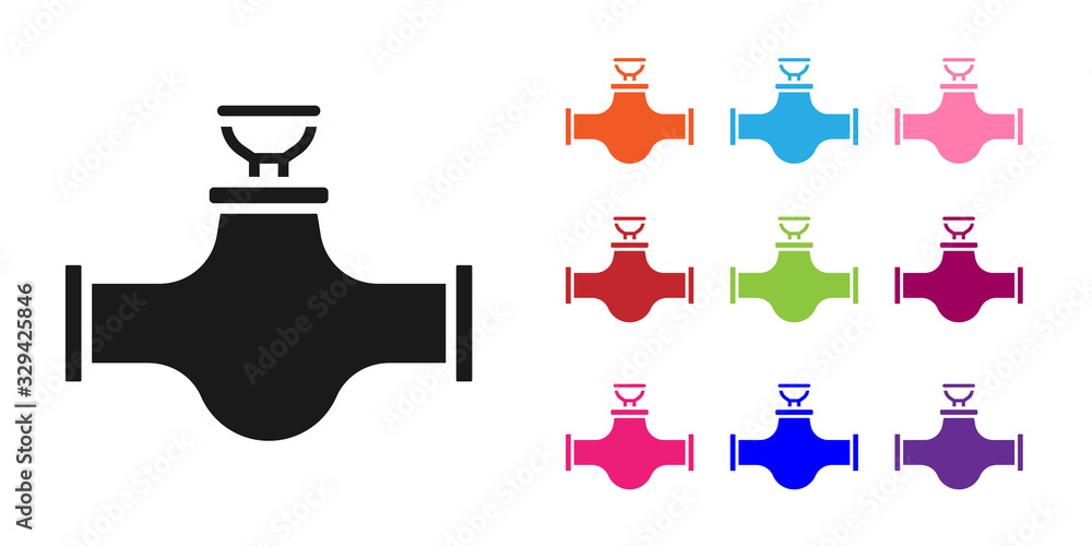 Black Industry metallic pipe and valve icon isolated on white background. Set icons colorful. Vector