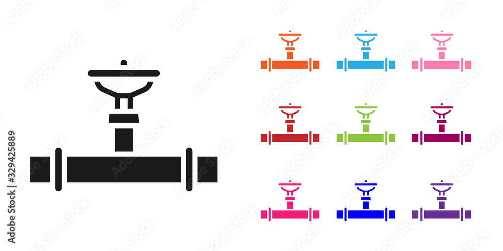 黑色工业金属管道和阀门图标隔离在白色背景上。将图标设置为彩色。矢量