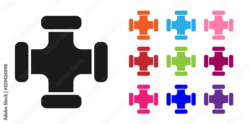 白色背景上隔离的黑色工业金属管道图标。不同的管道部件