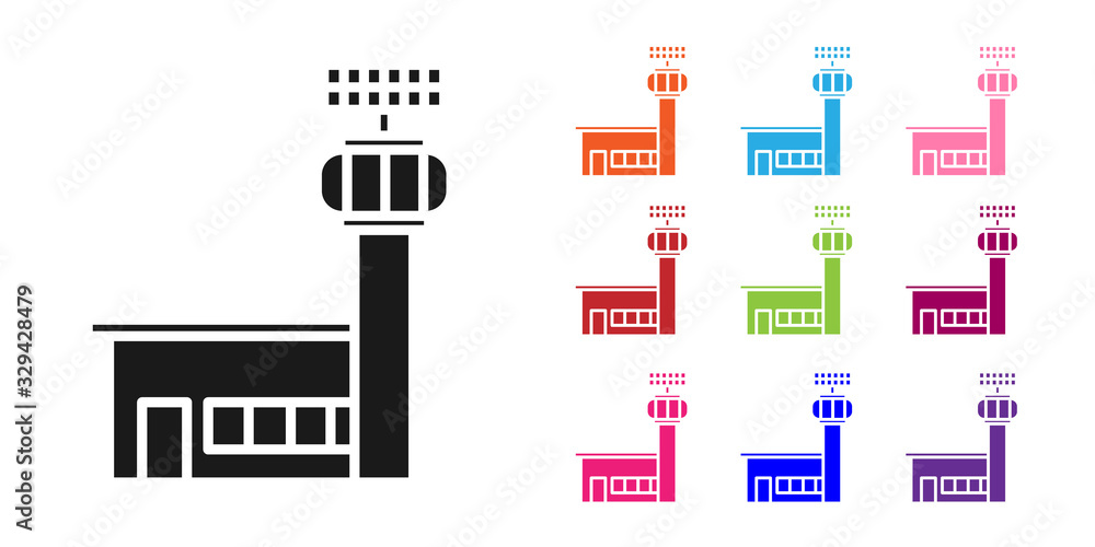 白色背景上隔离的黑色机场控制塔图标。将图标设置为彩色。矢量插图