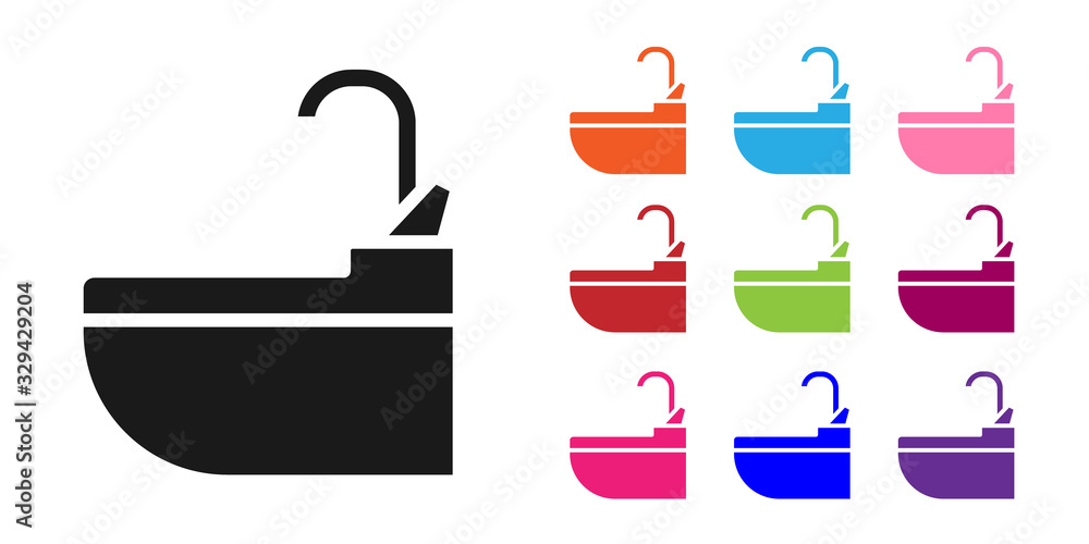 Black Washbasin with water tap icon isolated on white background. Set icons colorful. Vector Illustr