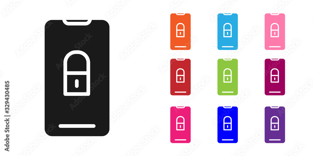 Black Smartphone with closed padlock icon isolated on white background. Phone with lock. Mobile secu