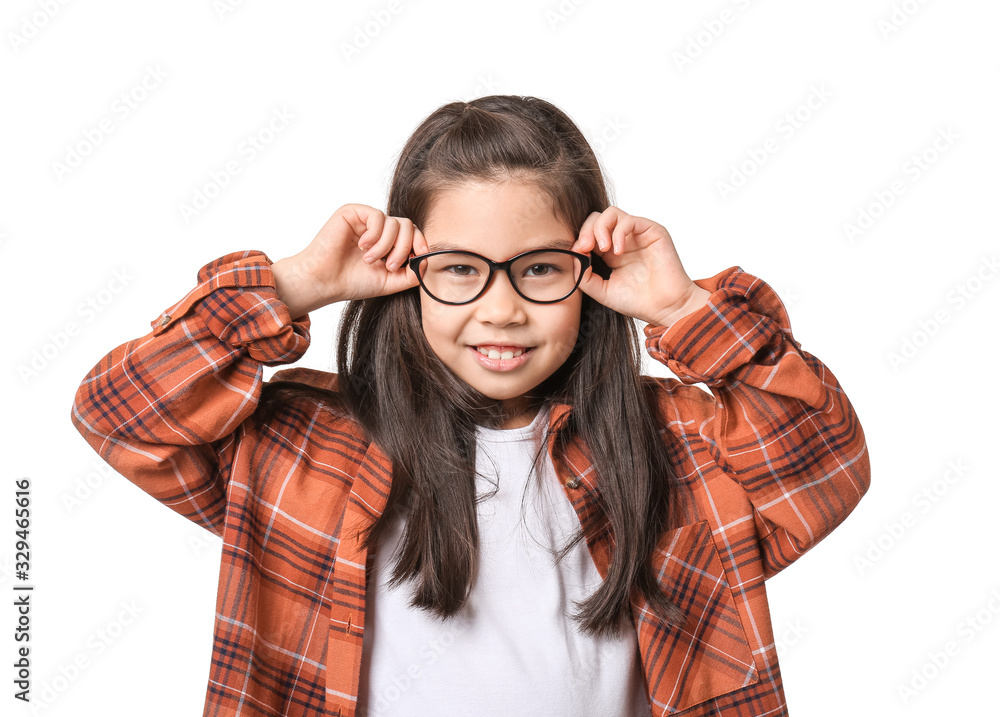 Funny little girl with glasses on white background