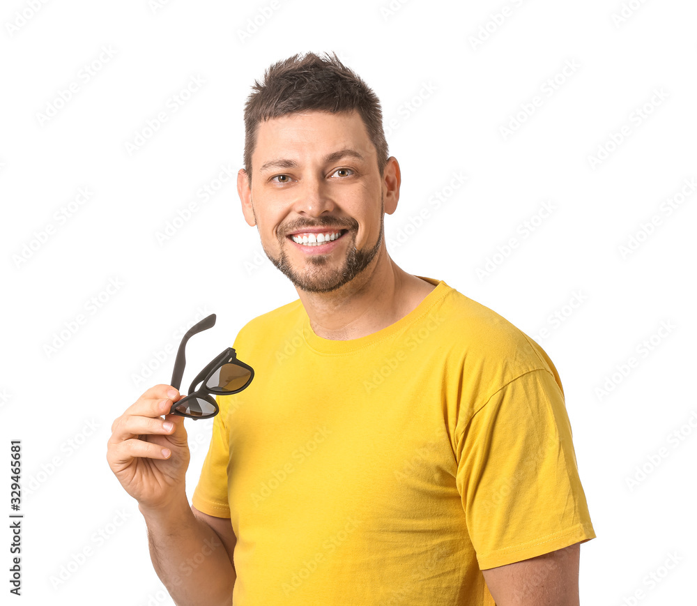 Handsome man with sunglasses on white background