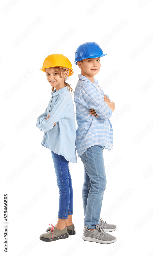 Cute little architects on white background