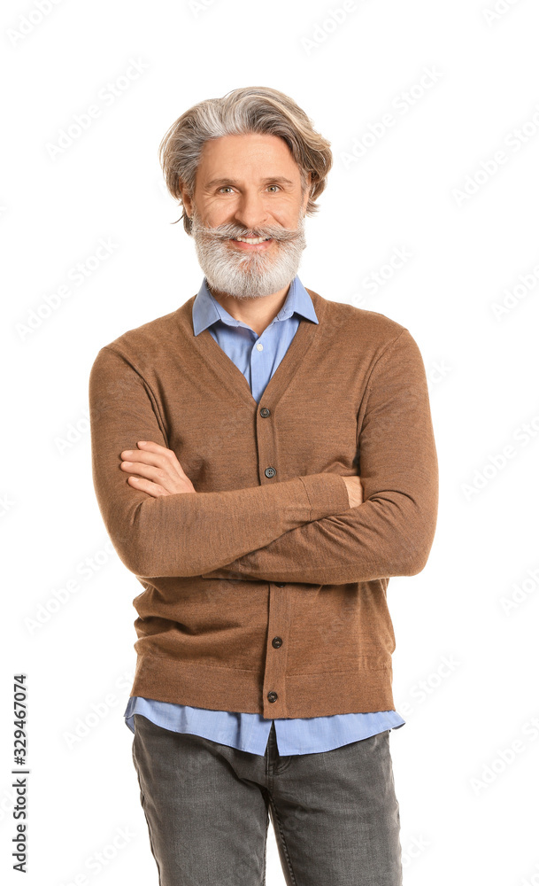 Stylish elderly man on white background