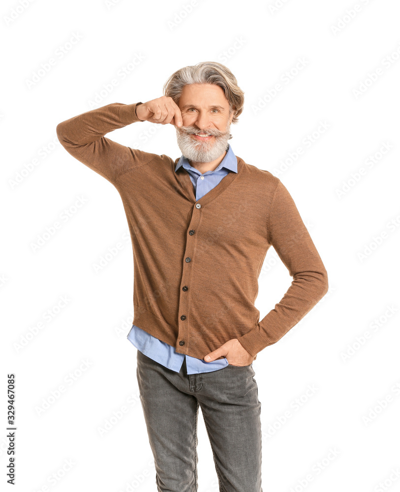 Stylish elderly man on white background