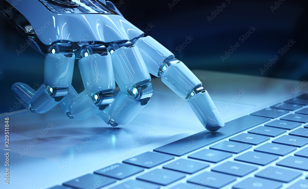 Cyborg hand pressing a keyboard on a laptop 3D rendering