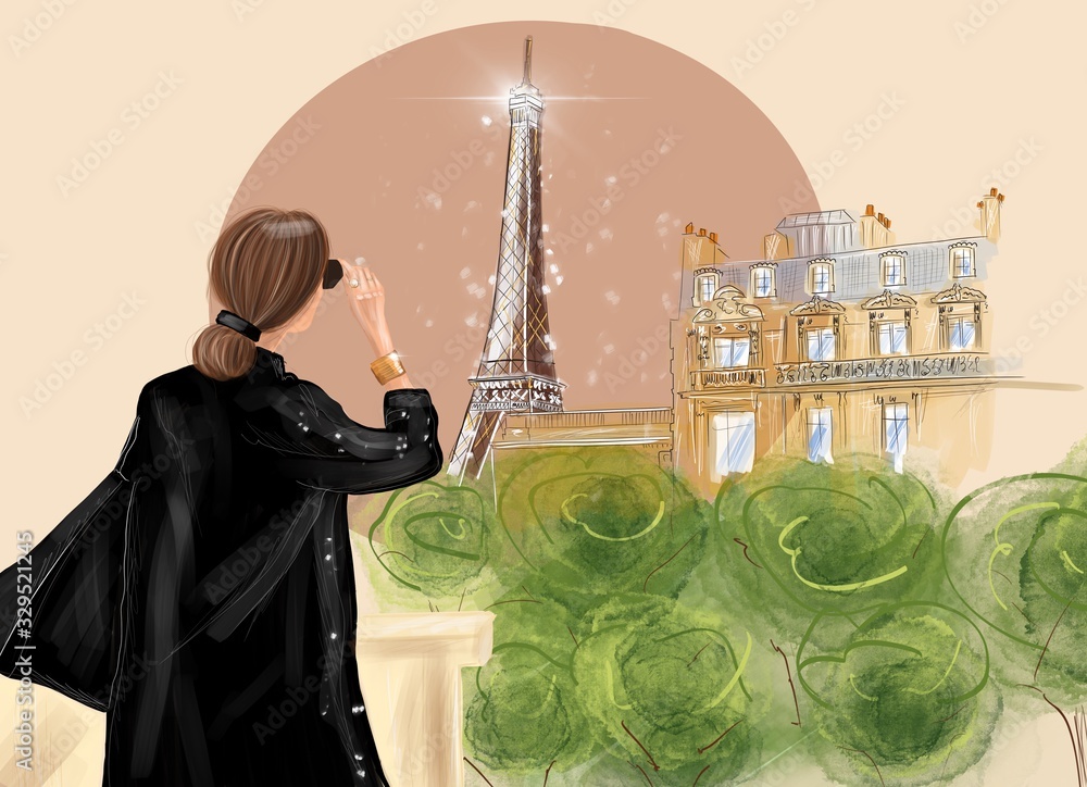 Illustration of an elegant woman dressed in black looking on the Eiffel tower in Paris