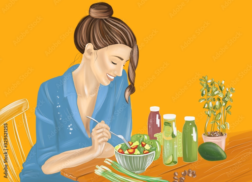 Hand-drawn illustration of a young woman with healthy vegetarian food on the yellow background. Conc