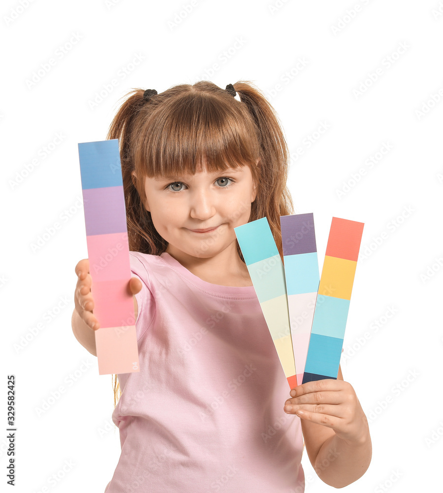 Little girl with color palettes on white background