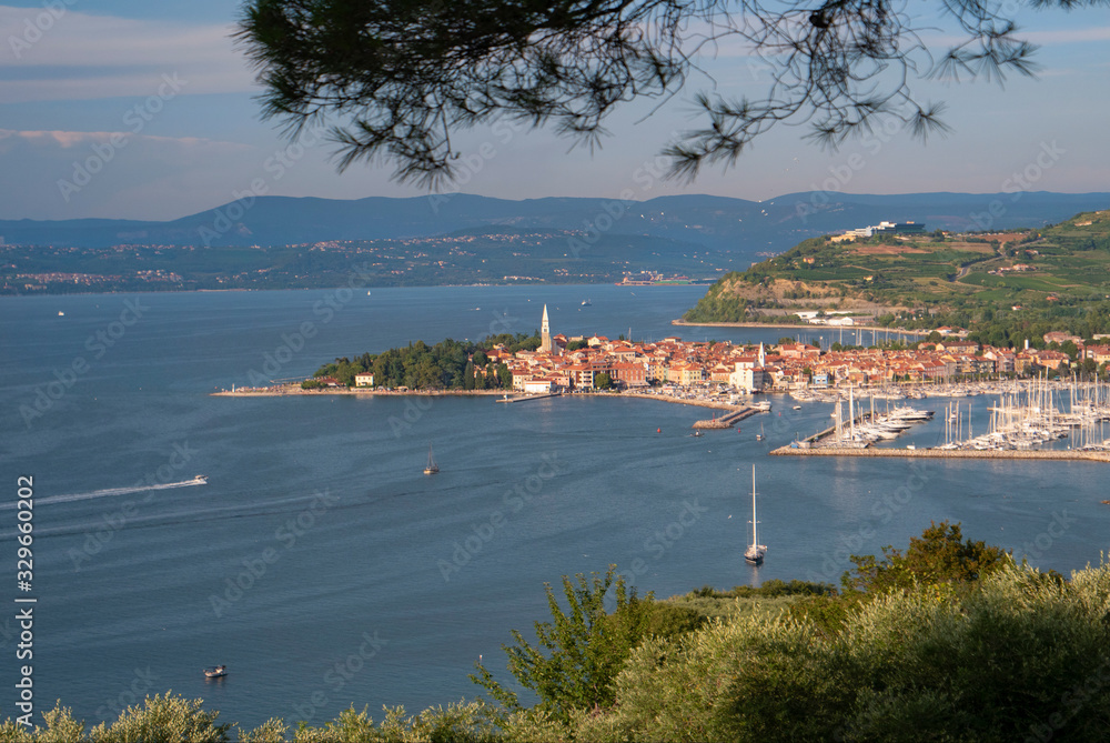 DRONE: Scenic aerial view of the beautiful Slovene coastline and sailboats.