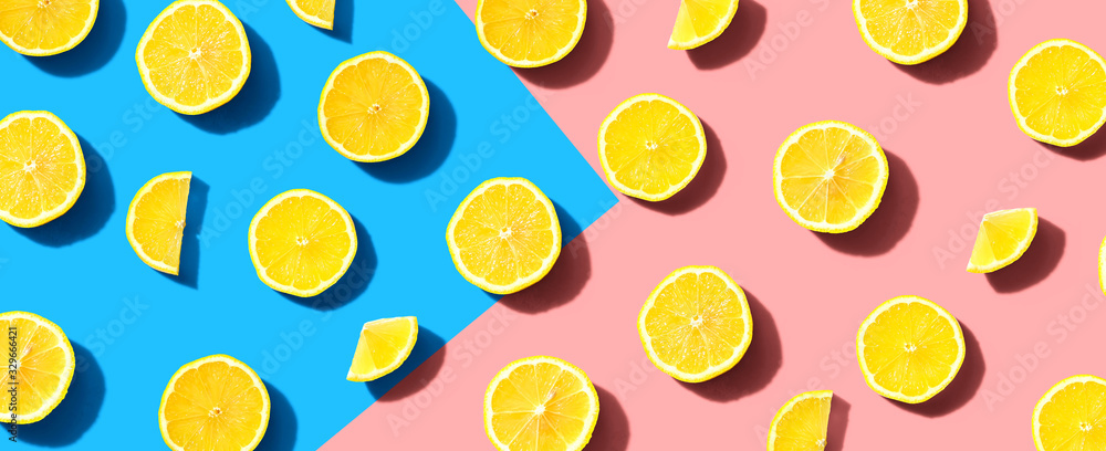 Fresh yellow lemons overhead view - flat lay