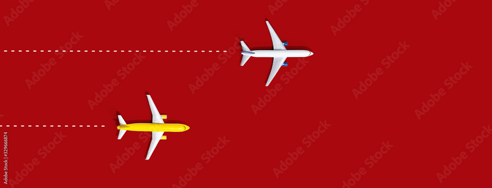 Flights booking and reservation theme with two miniature airplanes