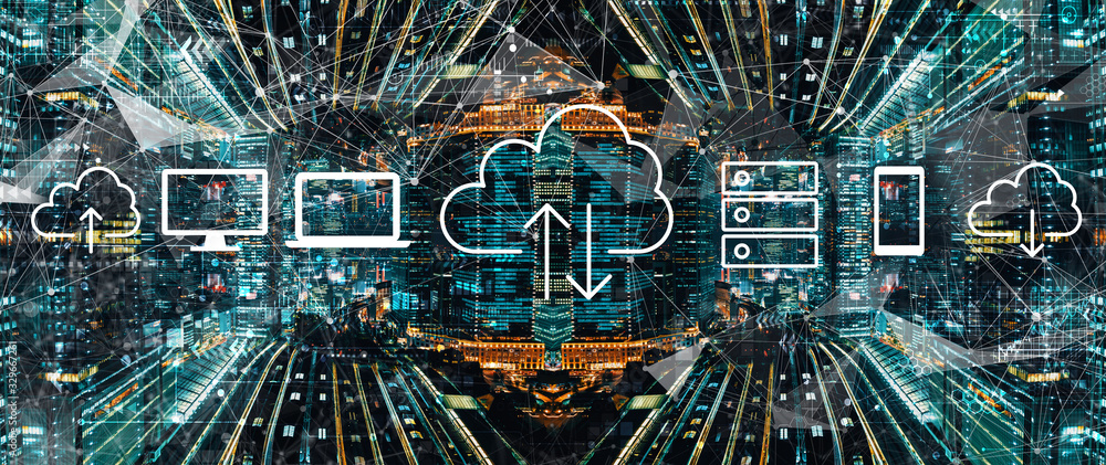 Cloud computing with abstract Tokyo night cityscape