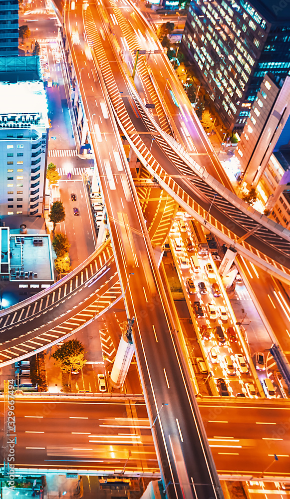 Aerial view of a massive highway intersection in Osaka, Japan