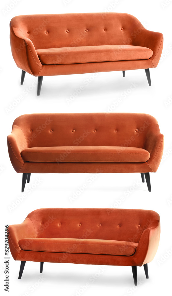 Collage with modern sofa on white background