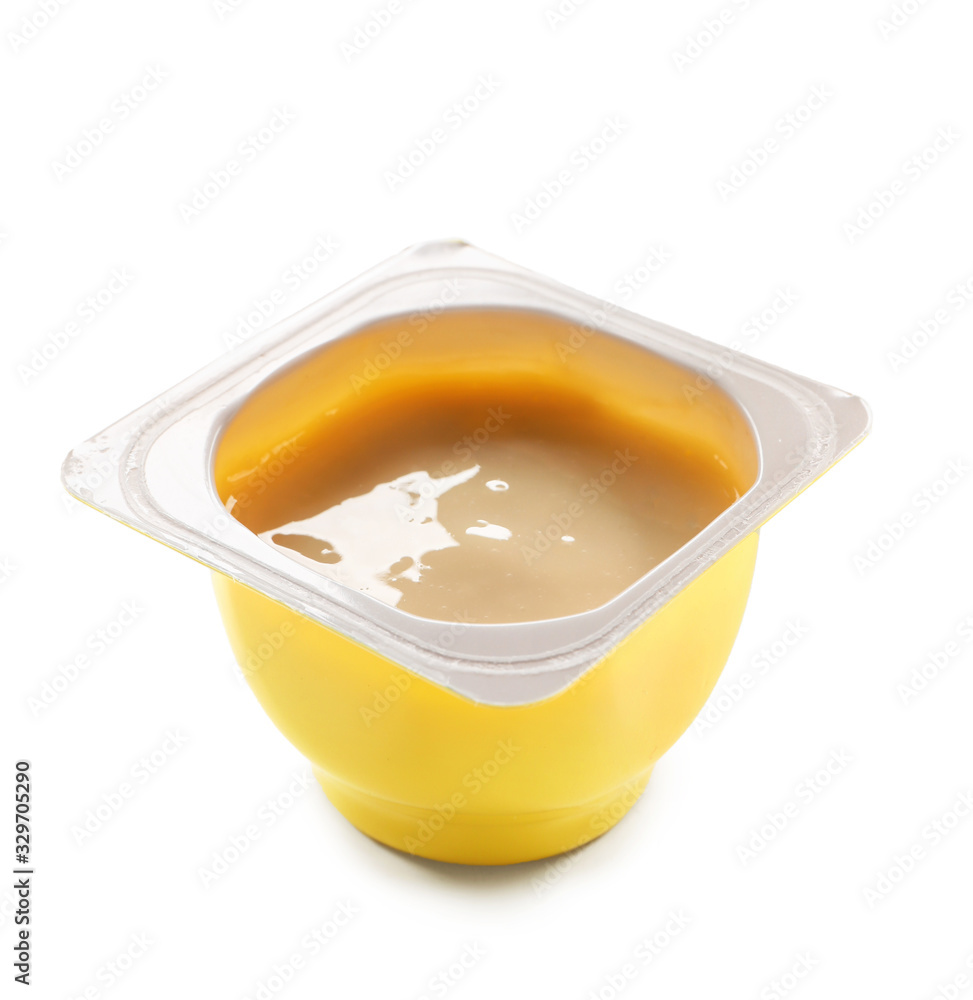 Plastic cup with tasty yogurt on white background