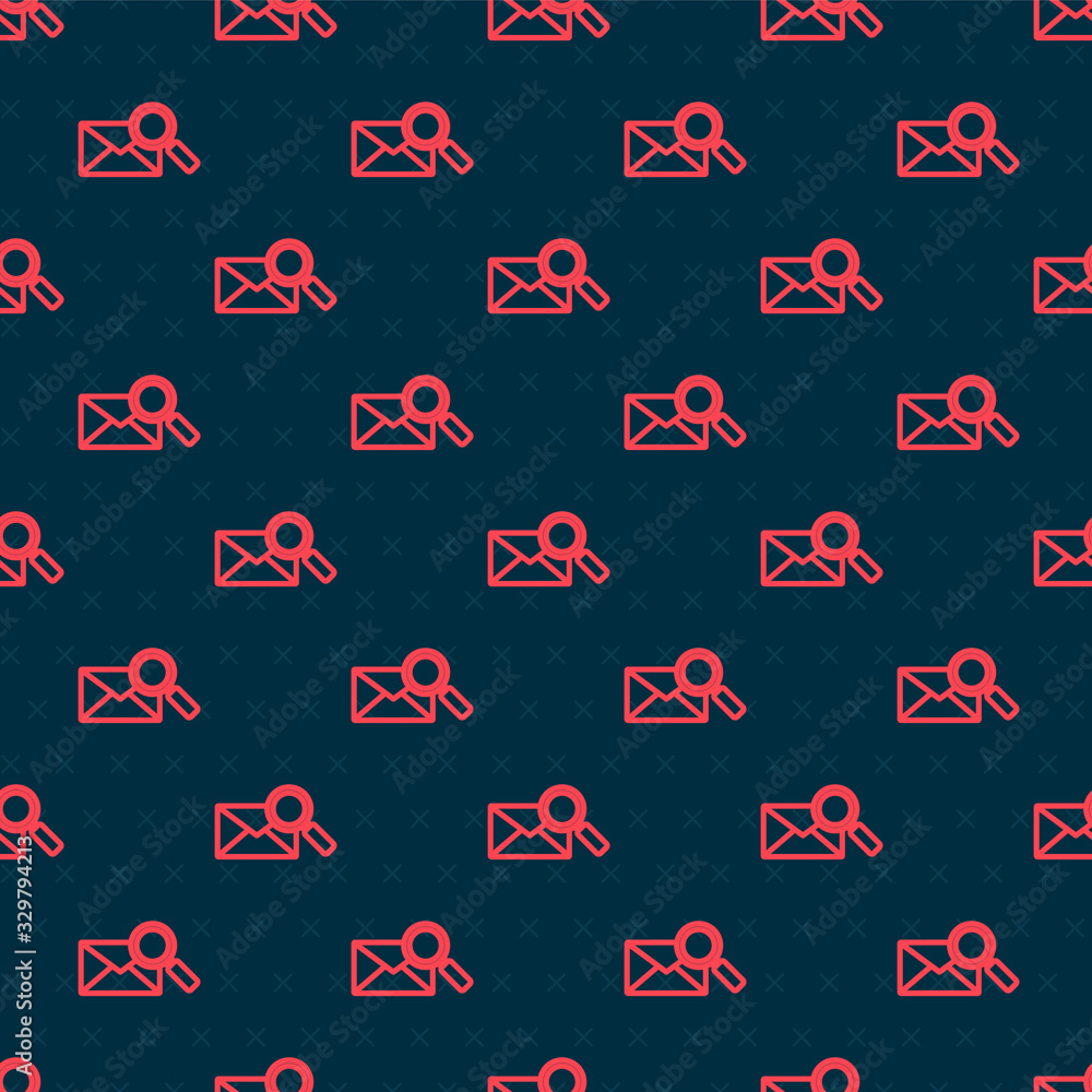 Red line Envelope mail with magnifying glass icon isolated seamless pattern on black background. Vec