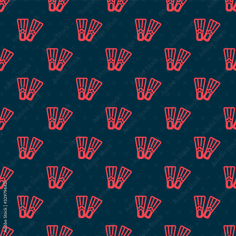 Red line Rubber flippers for swimming icon isolated seamless pattern on black background. Diving equ