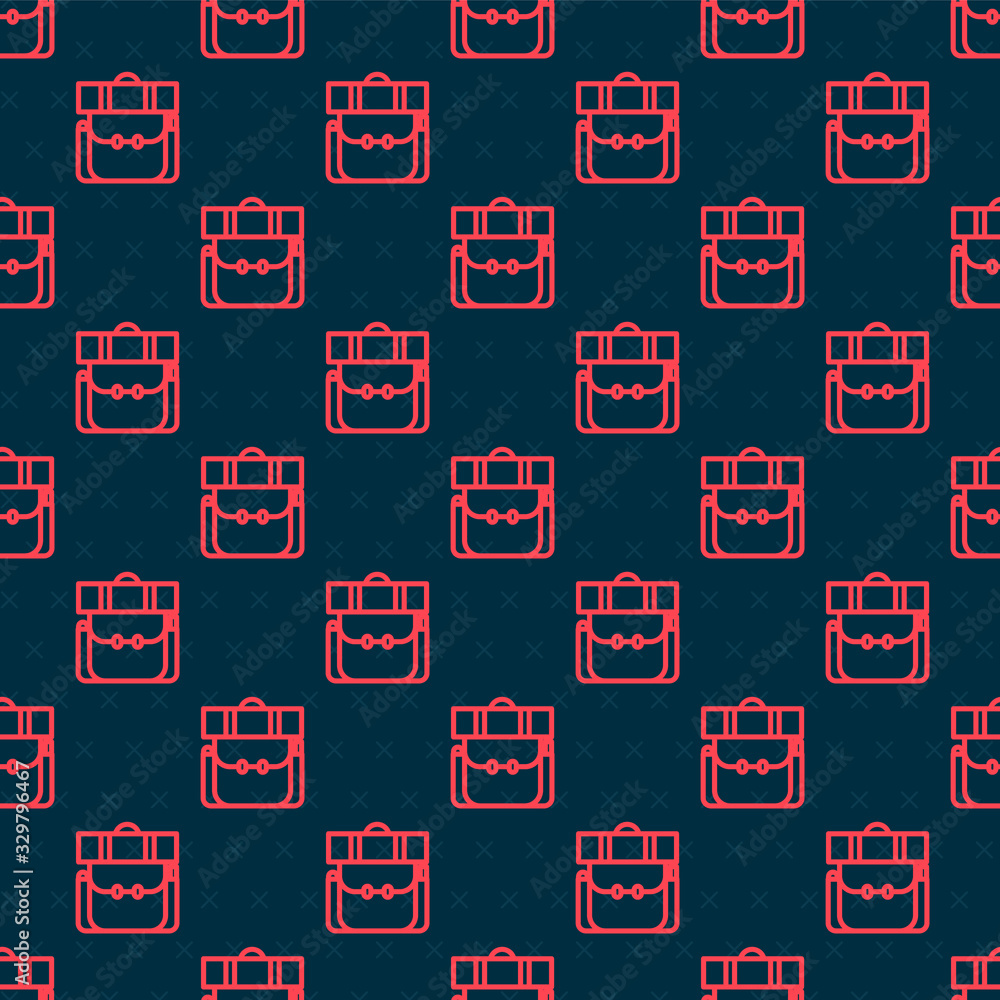 Red line Hiking backpack icon isolated seamless pattern on black background. Camping and mountain ex