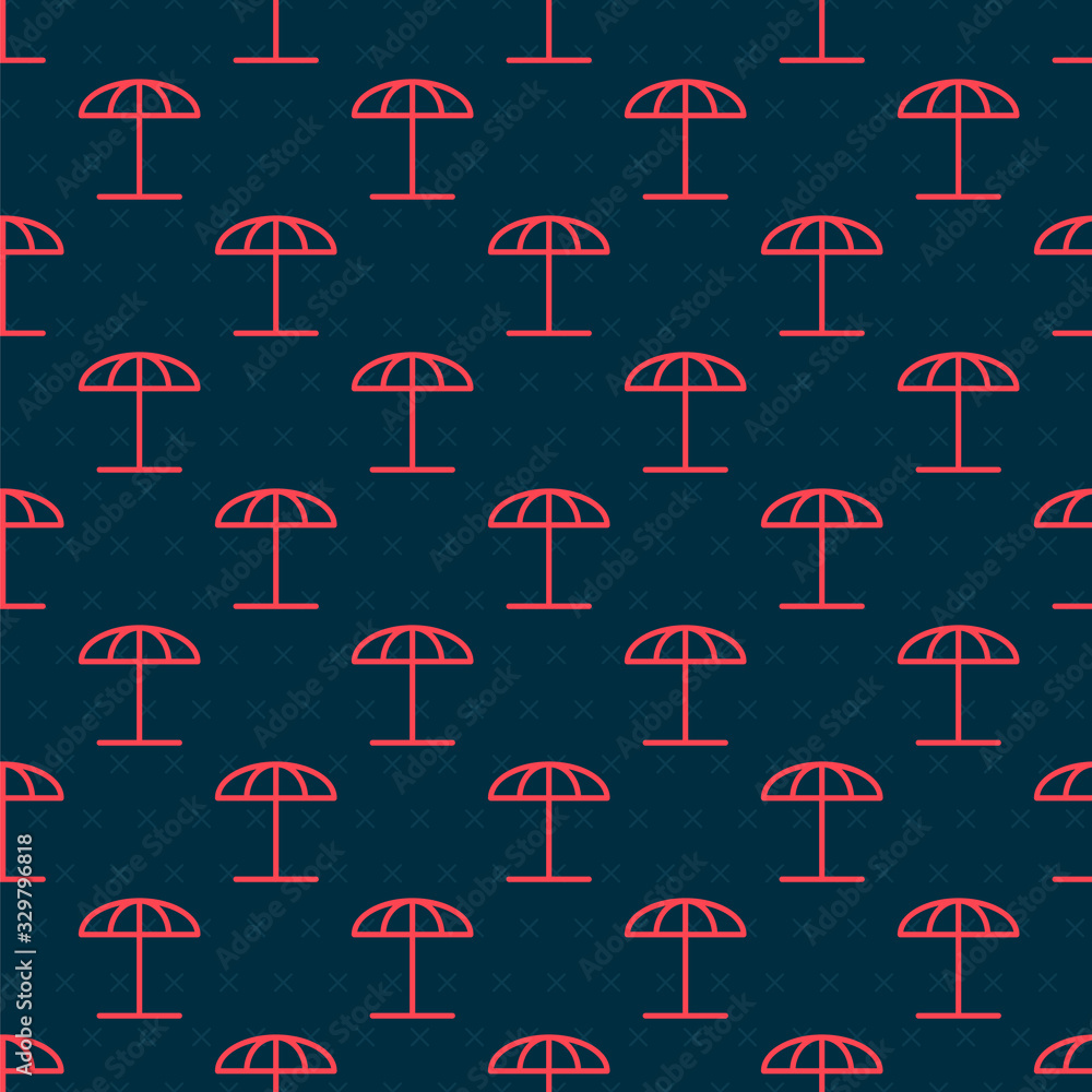 Red line Sun protective umbrella for beach icon isolated seamless pattern on black background. Large