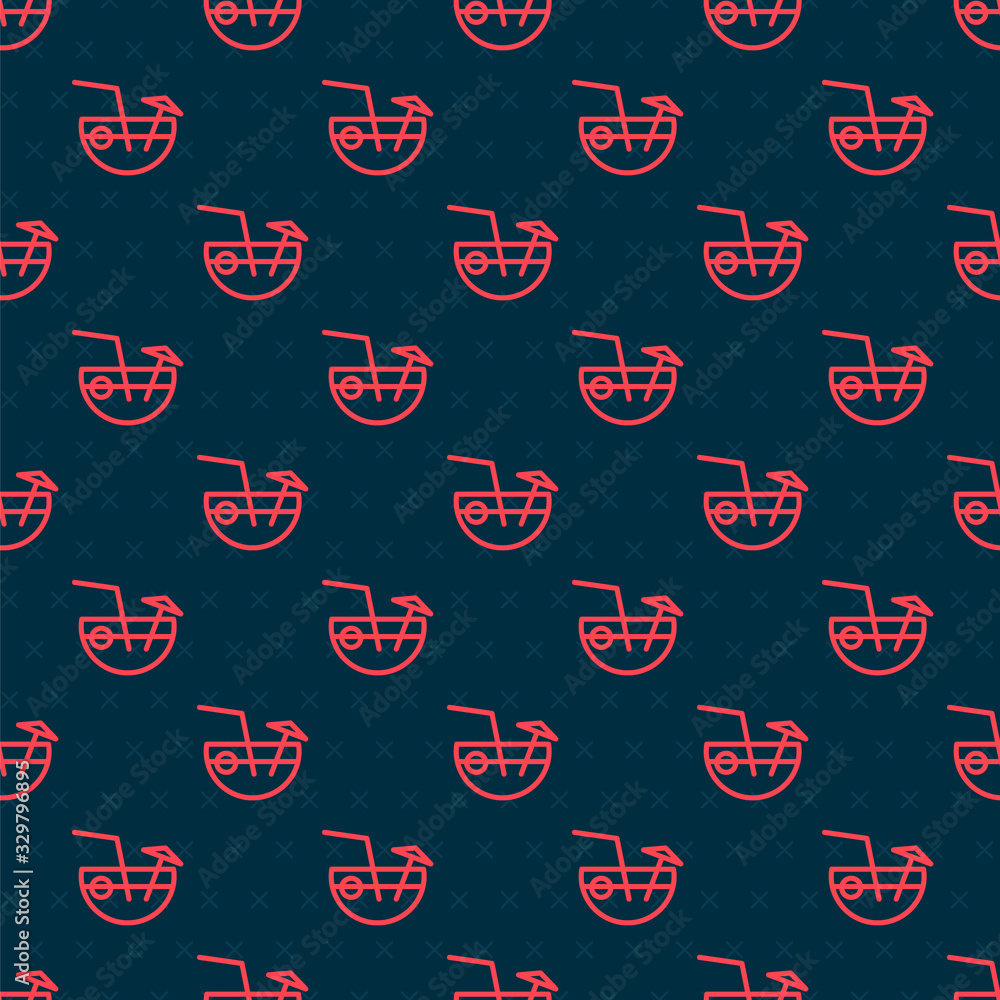 Red line Coconut juice exotic fresh cocktail and umbrella icon isolated seamless pattern on black ba