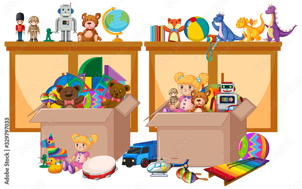 Shelf and box full of toys on white background