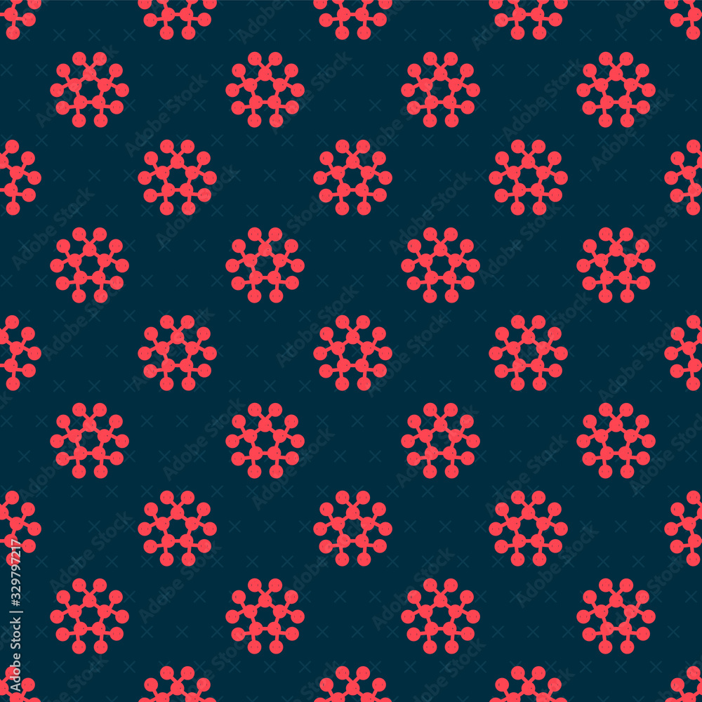 Red line Molecule oil icon isolated seamless pattern on black background. Structure of molecules in 