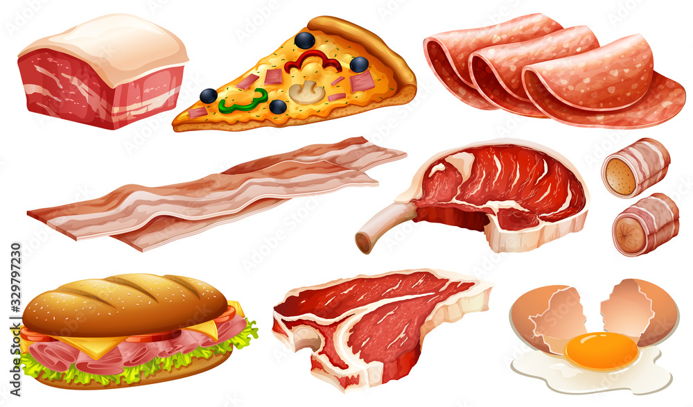 Set of different meat products on white background